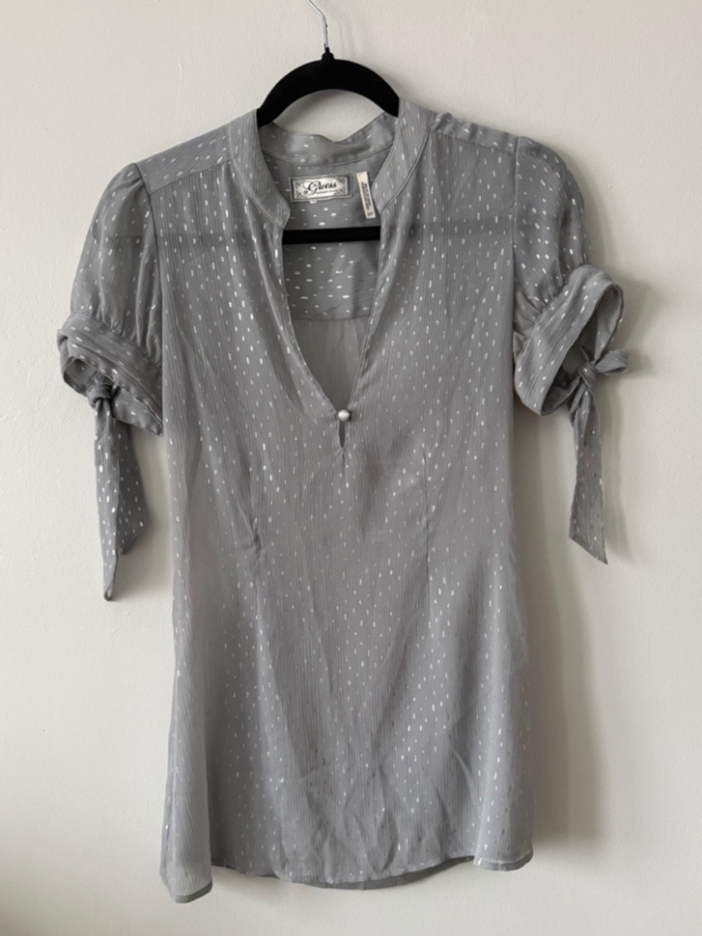 GUESS Silver Polka Dot Sheer Gray Blouse | Size S | Y2K